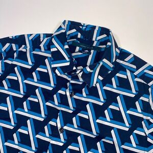 Perry Ellis Men's Blue White Geometric Print Short Sleeve Button Up Shirt Size S